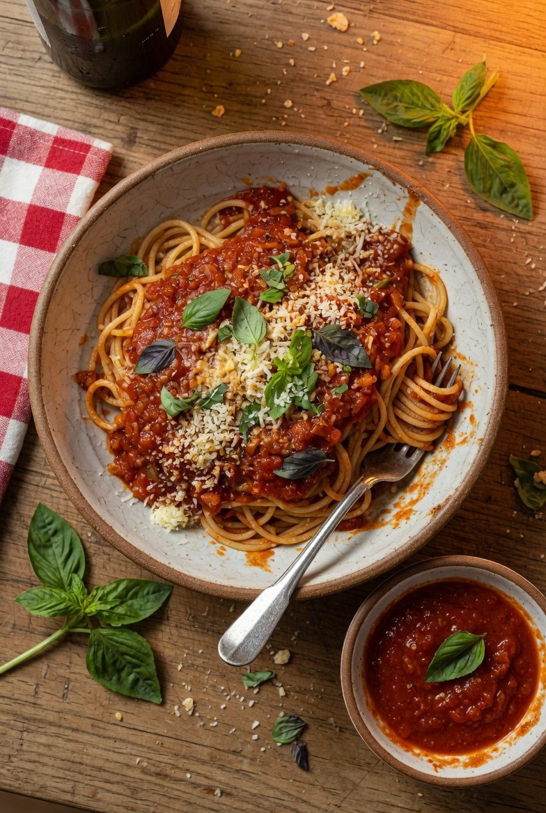 A rustic ceramic bowl overflowing with perfectly sauced red sauce pasta with deep crimson marinara clinging to every spaghetti strand, fresh basil leaves, and grated parmesan in warm amber kitchen light, representing the ultimate guide to red sauce pasta recipes on a flavorful journey from kitchen to yours.