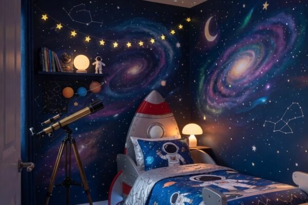 A magical space themed bedroom for a child with deep navy blue galaxy walls, a rocket ship bed frame glowing with LED lights, a galaxy projector casting nebula patterns across the ceiling, glow-in-the-dark stars overhead, and astronaut bedding, photographed in warm cosmic ambient lighting, representing the ultimate guide to building a space themed bedroom that launches your child's imagination into orbit.