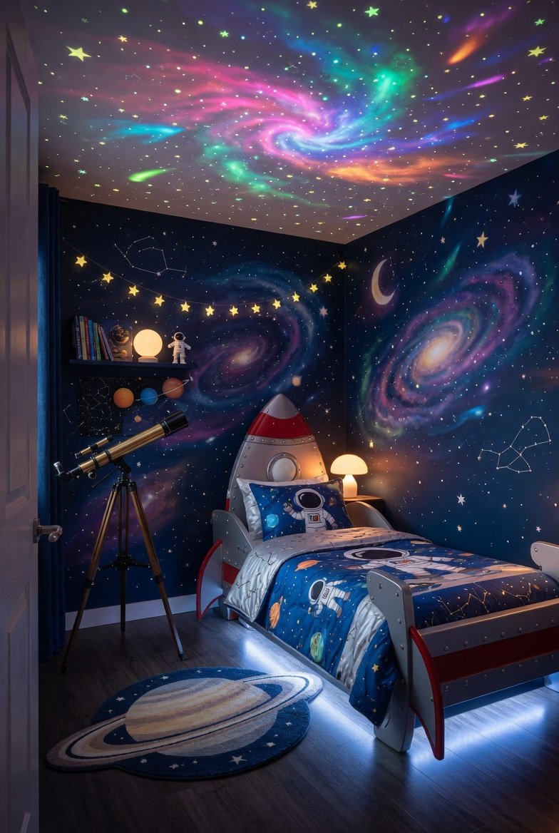 A magical space themed bedroom for a child with deep navy blue galaxy walls, a rocket ship bed frame glowing with LED lights, a galaxy projector casting nebula patterns across the ceiling, glow-in-the-dark stars overhead, and astronaut bedding, photographed in warm cosmic ambient lighting, representing the ultimate guide to building a space themed bedroom that launches your child's imagination into orbit.