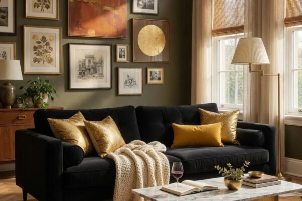 : A beautifully designed living room centered around a large black velvet couch with gold throw pillows cream knit blanket geometric area rug gallery wall brass floor lamp and marble coffee table creating a bold cozy and stylish space in warm natural light.