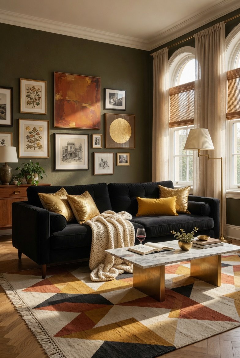 : A beautifully designed living room centered around a large black velvet couch with gold throw pillows cream knit blanket geometric area rug gallery wall brass floor lamp and marble coffee table creating a bold cozy and stylish space in warm natural light.