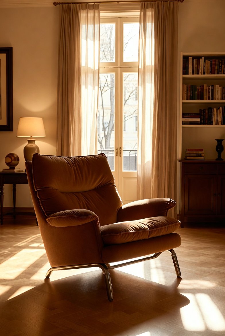An elegant 29 Lounge Chair styled as the centerpiece of a beautifully designed living room with plush cushioning, perfect proportions, and warm golden natural light, showcasing the ultimate guide to rediscovering comfort with the perfect lounge chair.