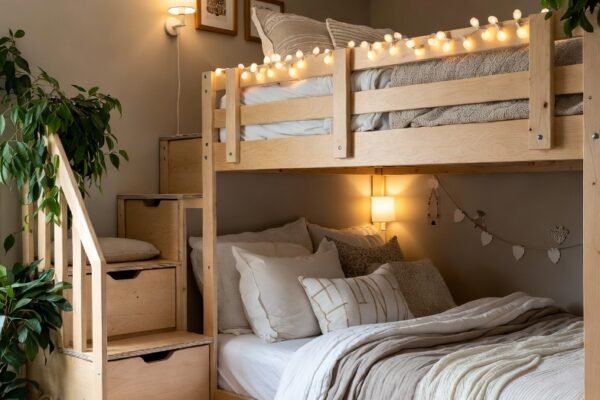 Alt Text: A beautifully transformed children's bedroom featuring a stunning natural wood bunk bed with stairs and storage representing 16 creative bunk bed ideas that will transform your space and maximize family living.
