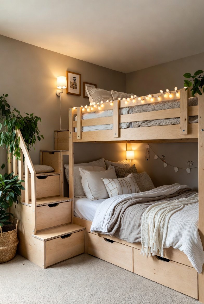 Alt Text: A beautifully transformed children's bedroom featuring a stunning natural wood bunk bed with stairs and storage representing 16 creative bunk bed ideas that will transform your space and maximize family living.