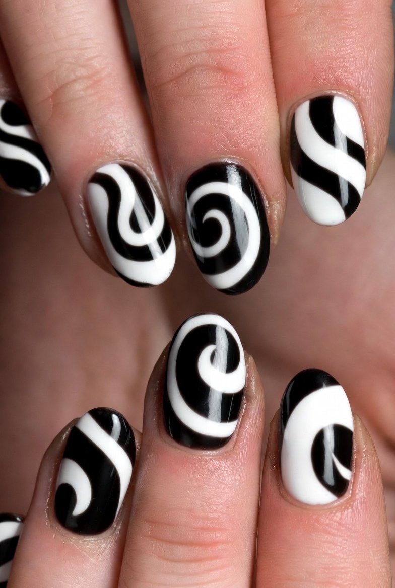 A close-up of beautifully painted swirl nail art designs showcasing classic black and white swirls, pastel rainbow blends, metallic gold and burgundy patterns, and ocean blue waves across short well-groomed nails — the ultimate swirl nail art inspiration for mesmerizing and easy-to-wear creative manicures.
