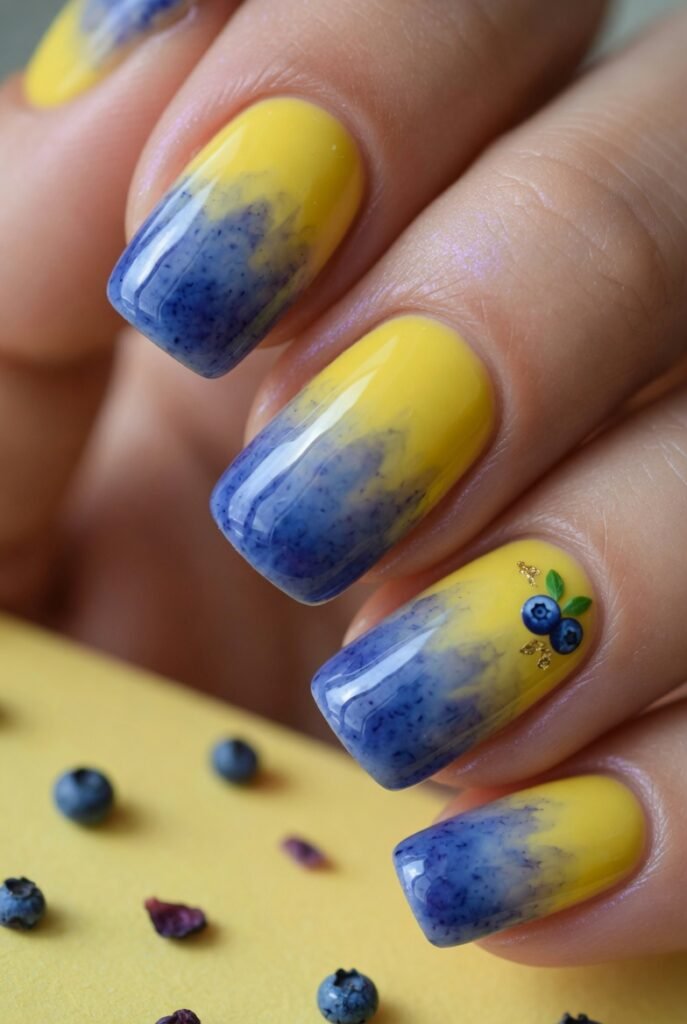 2. Blueberry French Ombré on Yellow Nails
