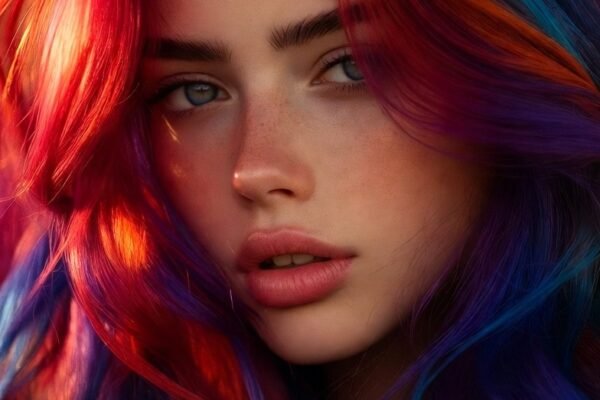 A stunning beauty photograph showcasing 15 bold hair color looks including Fiery Crimson Red, Electric Violet Purple, Deep Sapphire Blue, Rose Gold Blush, Hot Magenta Pink, Lavender Mist, and Black Cherry Burgundy representing vibrant head-turning hair color styles that embrace your unique edge and celebrate fearless individual self-expression.