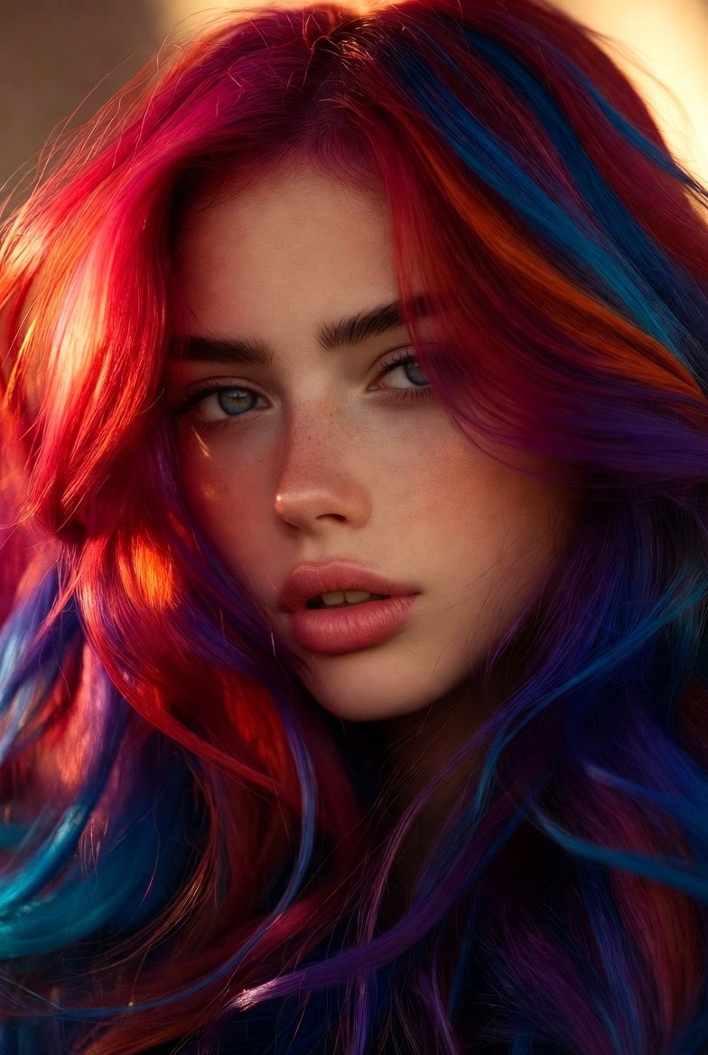 A stunning beauty photograph showcasing 15 bold hair color looks including Fiery Crimson Red, Electric Violet Purple, Deep Sapphire Blue, Rose Gold Blush, Hot Magenta Pink, Lavender Mist, and Black Cherry Burgundy representing vibrant head-turning hair color styles that embrace your unique edge and celebrate fearless individual self-expression.