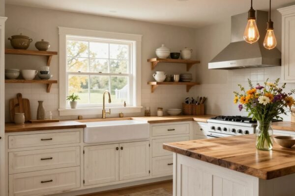 A beautifully styled farm style kitchen featuring a classic apron front sink, distressed white shaker cabinets, warm Edison pendant lighting, butcher block countertops, and open wooden shelving styled with rustic ceramics, showcasing 22 inspiring farm style kitchen ideas to transform any home into a warm and inviting rustic paradise.