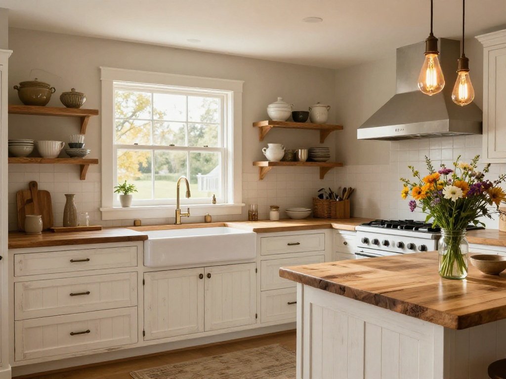 A beautifully styled farm style kitchen featuring a classic apron front sink, distressed white shaker cabinets, warm Edison pendant lighting, butcher block countertops, and open wooden shelving styled with rustic ceramics, showcasing 22 inspiring farm style kitchen ideas to transform any home into a warm and inviting rustic paradise.