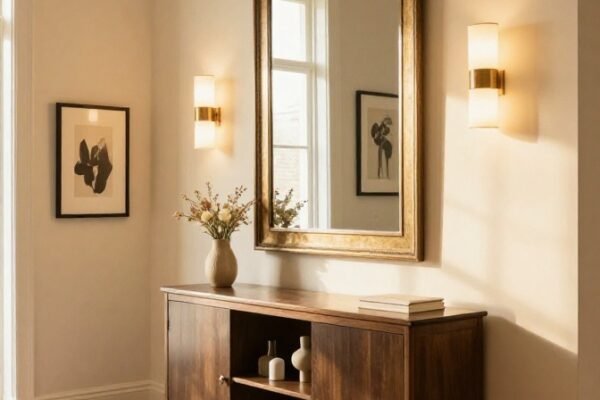 A beautifully transformed entrance hall with elegant console table, layered lighting, statement mirror, smart storage solutions, and personal art creating a stunning first impression, showcasing 22 Entrance Hall Ideas that will transform your home's entryway forever.