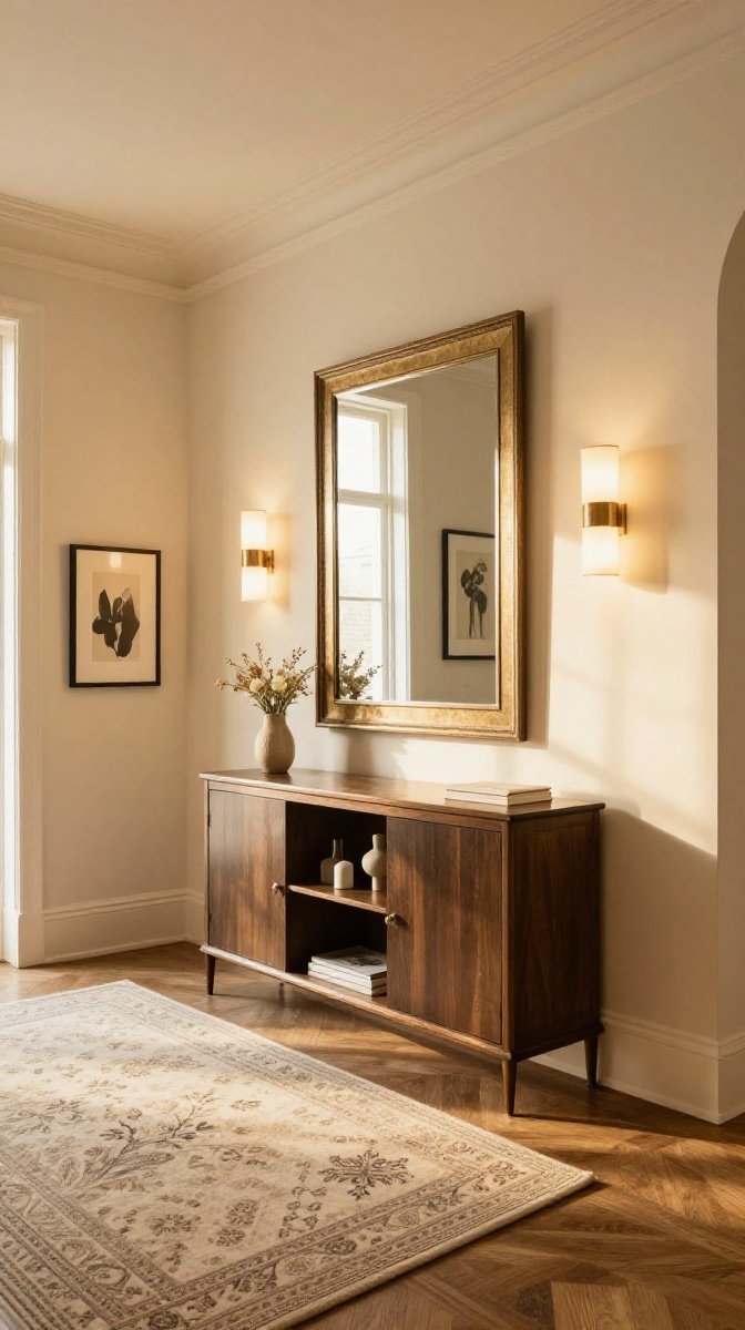 A beautifully transformed entrance hall with elegant console table, layered lighting, statement mirror, smart storage solutions, and personal art creating a stunning first impression, showcasing 22 Entrance Hall Ideas that will transform your home's entryway forever.