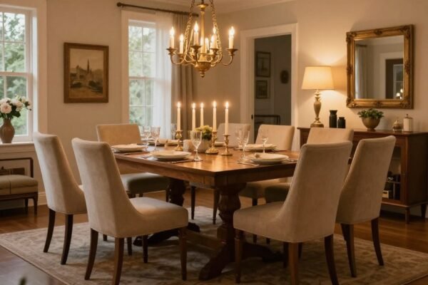 A beautifully styled dining room featuring 25 elegant Dining Chairs around a warm wooden table with golden candlelight, showcasing the ultimate buyer's guide to dining chairs that will transform your home.