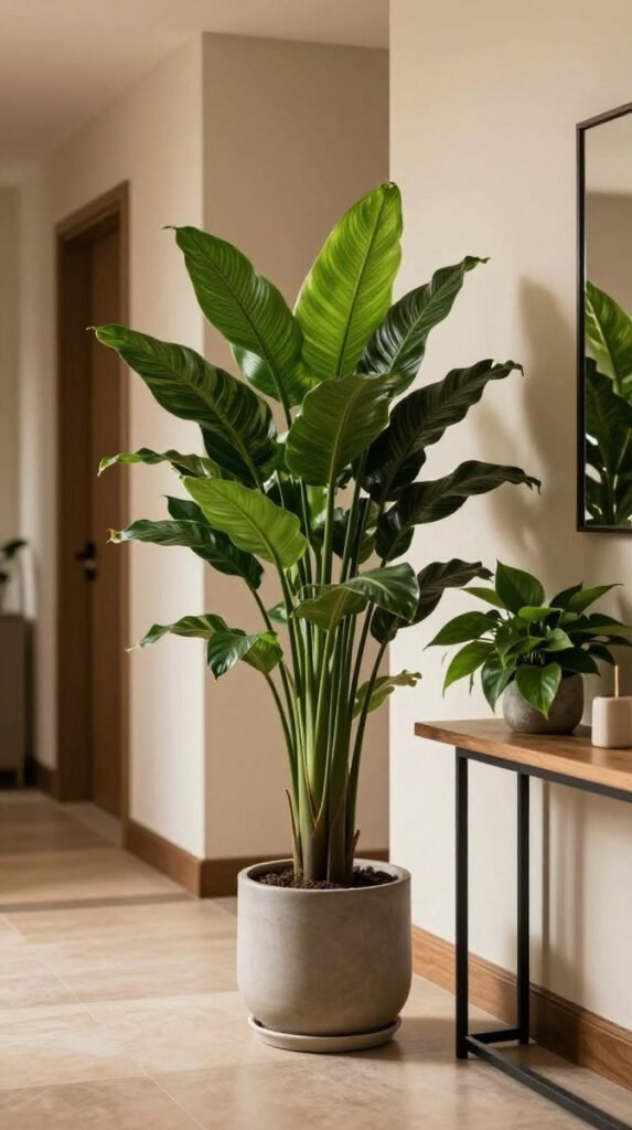 A fresh editorial shot of a live plant thriving in a low-light entrance hall, cast iron plant peace lily or pothos in a stylish pot on a console table or floor, green life bringing warmth, editorial interior photography — keyword: Entrance Hall Ideas
