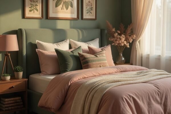 A fully decorated sage green and pink bedroom displaying a complete room plan with accent wall, blush bedding, velvet curtains, gallery wall, botanical prints, and coordinated pink and green furniture, the perfect inspiration for transforming your sleep sanctuary