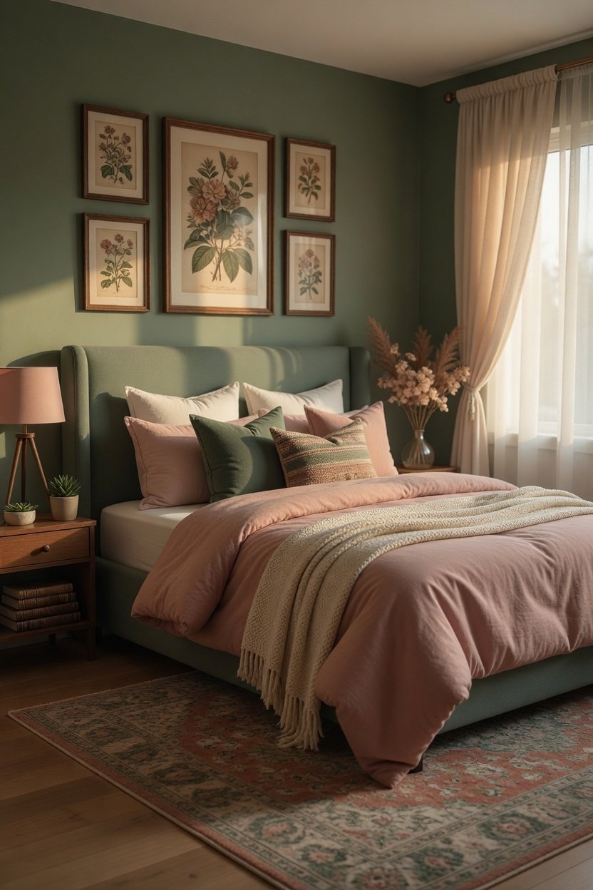 A fully decorated sage green and pink bedroom displaying a complete room plan with accent wall, blush bedding, velvet curtains, gallery wall, botanical prints, and coordinated pink and green furniture, the perfect inspiration for transforming your sleep sanctuary