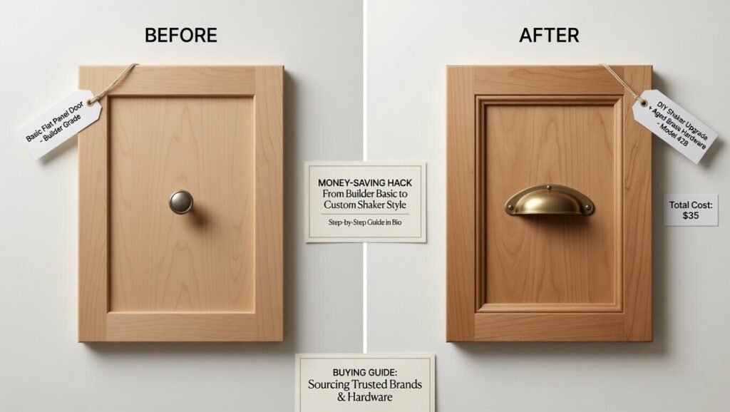 A clever budget-saving flat-lay showing a before item like a plain cabinet door next to an after item like the same door with new shaker trim and brass hardware, money-saving hack concept, clean white background, top-down product photography, crisp studio lighting, satisfying transformation visual, neutral tones, informative and inspiring layout.