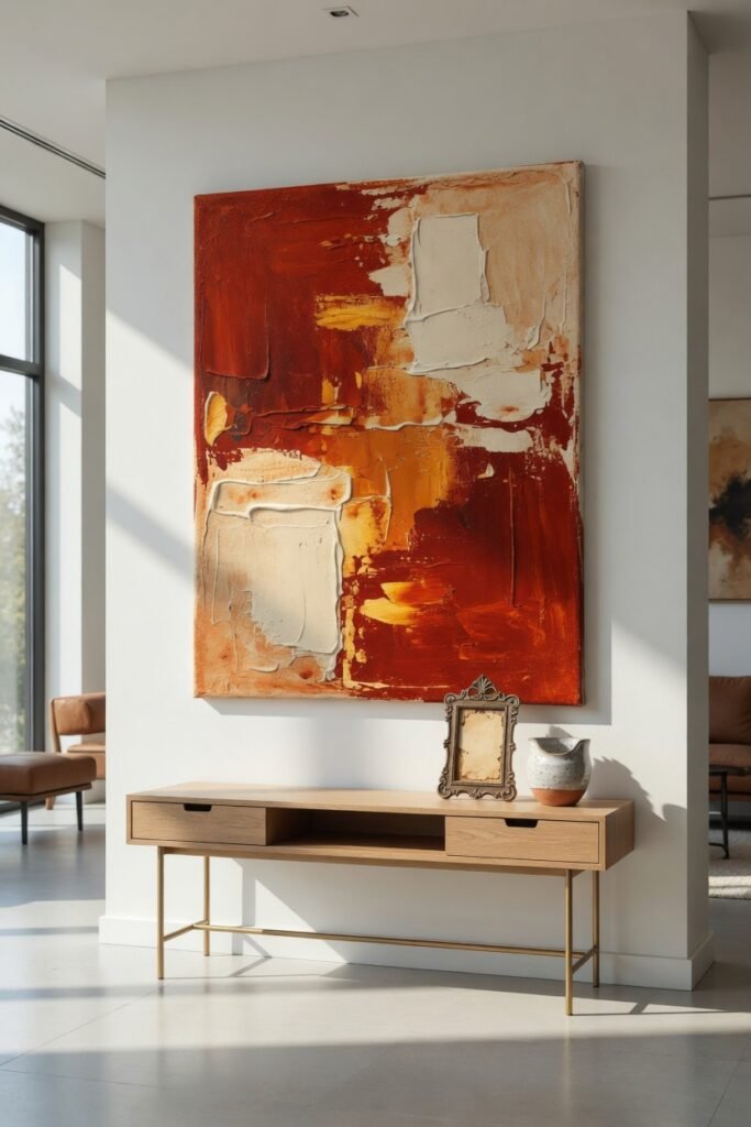 A dramatic wide-angle lifestyle shot of a large oversized canvas art print in abstract warm tones hung on a clean white living room wall, minimal furniture below, natural daylight, editorial interior photography, bold and confident statement art concept, neutral and warm tones, sharp 4K ultra-HD details, aspirational and modern feel.