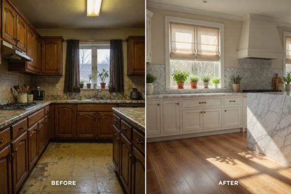A beautifully transformed modern kitchen showcasing 15 budget-friendly makeover ideas including freshly painted cabinets, new hardware, peel-and-stick backsplash, and stylish open shelving, demonstrating how to upgrade your kitchen space without breaking the bank.