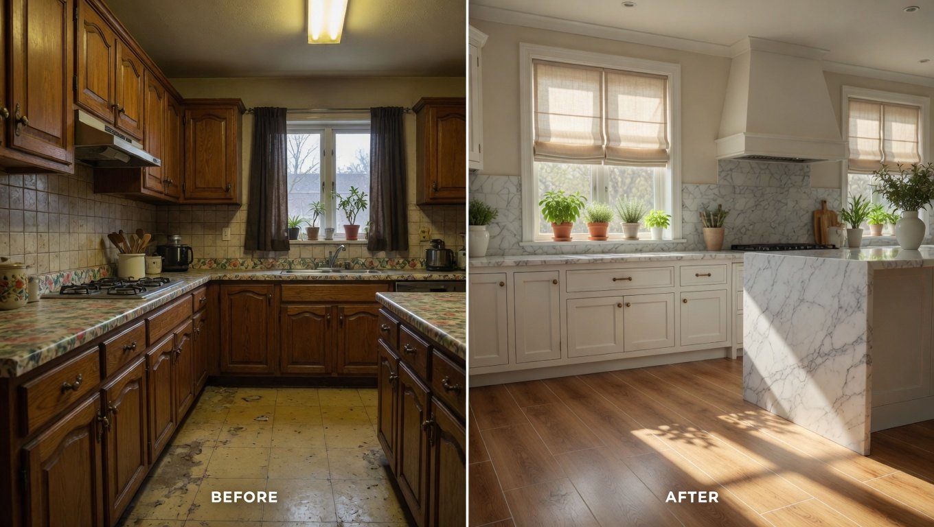 A beautifully transformed modern kitchen showcasing 15 budget-friendly makeover ideas including freshly painted cabinets, new hardware, peel-and-stick backsplash, and stylish open shelving, demonstrating how to upgrade your kitchen space without breaking the bank.