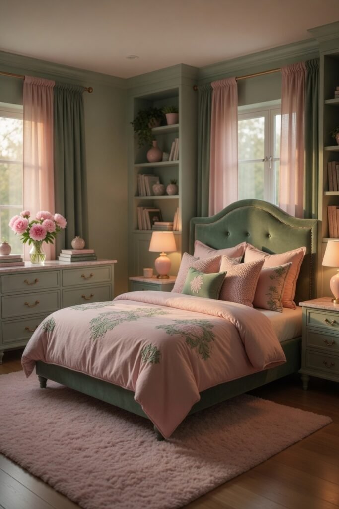16. The Ultimate Bedroom Set: Coordinated Pink and Green Furniture
