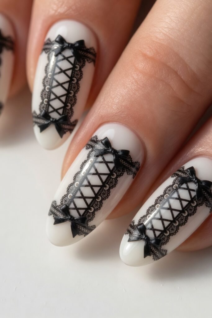 3. Corset Ribbon Back Lace on Milky White Nails