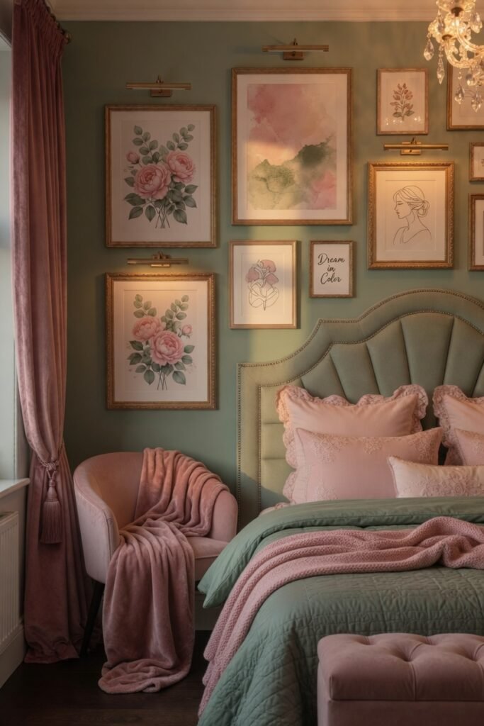 9. Sage Green Bedding with Pink Throw Blankets