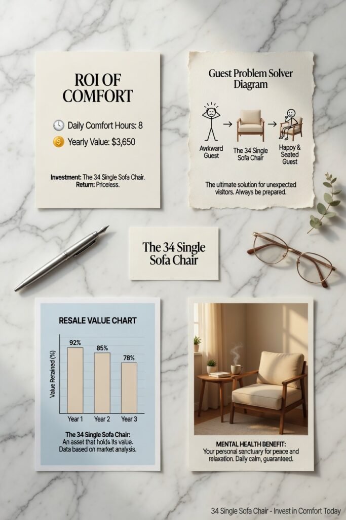A confident persuasive editorial flat-lay showing four reasons to buy a 34 single sofa chair today — ROI of comfort calculation card, guest problem solver diagram, resale value chart, mental health benefit visual — all on a white marble surface, editorial photography — keyword: 34 Single Sofa Chair
