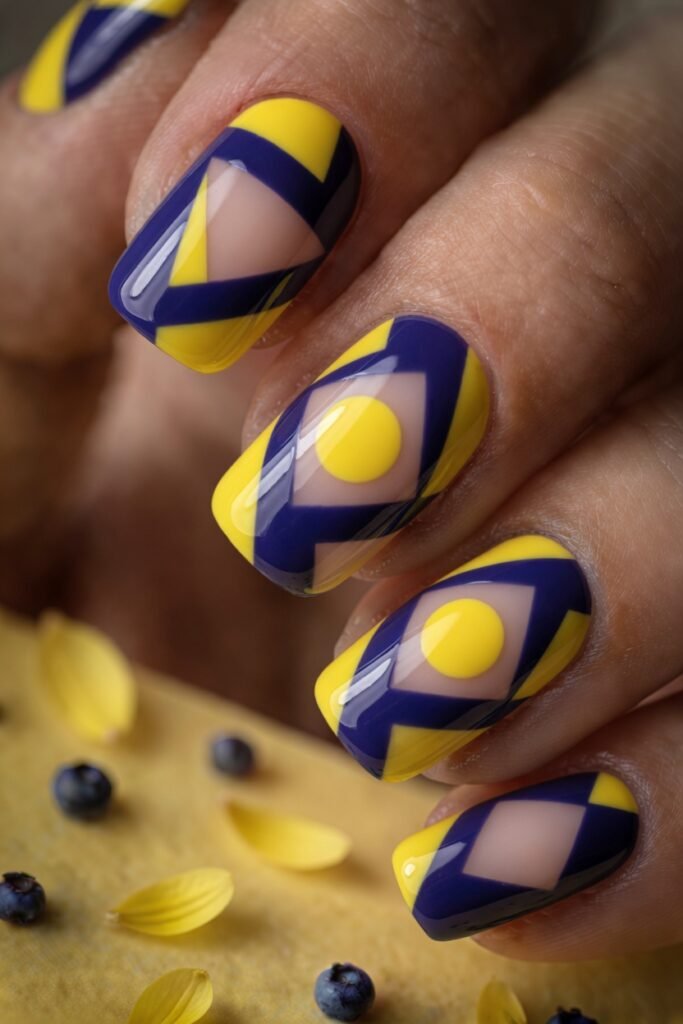 15. Yellow and Blueberry Negative Space Nails