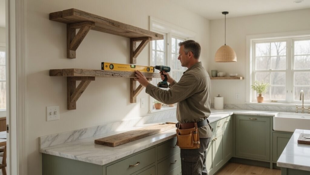A professional lifestyle shot of a skilled installer fitting reclaimed wood open shelving brackets into a farmhouse kitchen wall, level tool in hand, shaker cabinets visible below, bright clean workspace, competent and reassuring atmosphere, wide lifestyle photography, warm neutral tones, correct installation order concept, natural daylight.