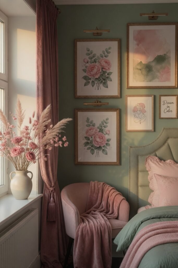 10. Botanical Prints and Dried Pink Flowers