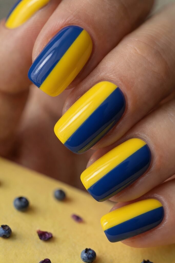 8. Half-and-Half Yellow and Blueberry Nails