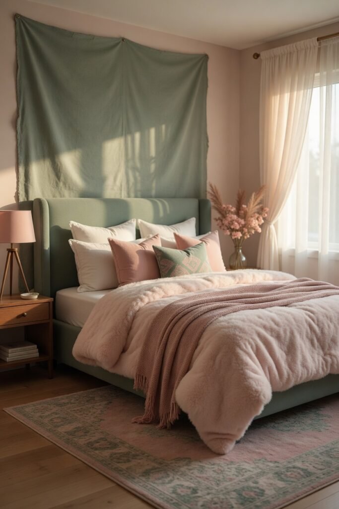 2. Blush Pink Bedding on a Sage Green Canvas