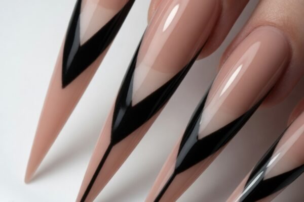 Alt Text: Close-up of 18 creative stiletto nail art ideas including Chrome Mirror, Gothic Velvet Black, Holographic Glitter Fade, Watercolor Florals, and more bold daring stiletto manicure designs for long-lasting gel nails.