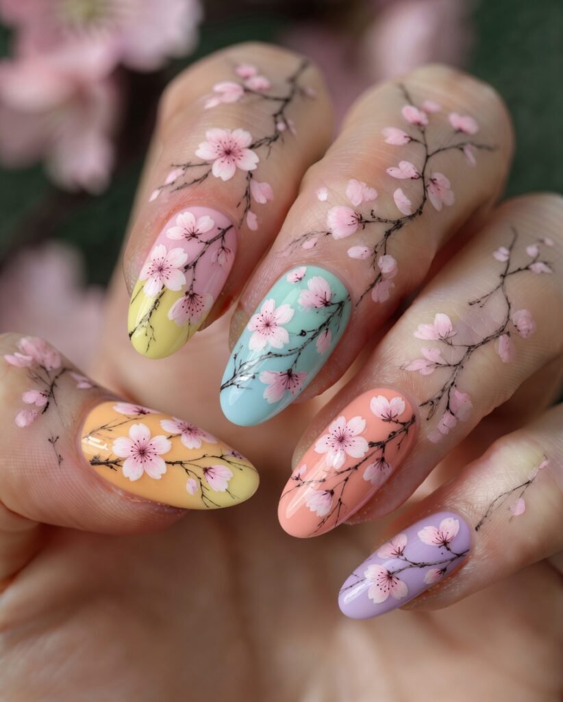 11. Pastel Rainbow Sakura Nails