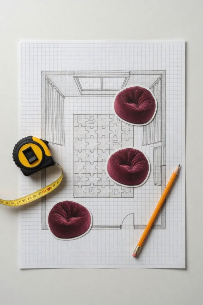 A clean top-down aerial flat-lay of a living room floor plan sketch with a measuring tape, bean bag cutouts, and a pencil arranged on graph paper, space planning concept, minimalist product photography, sharp and well-lit, neutral tones, organized and practical visual.