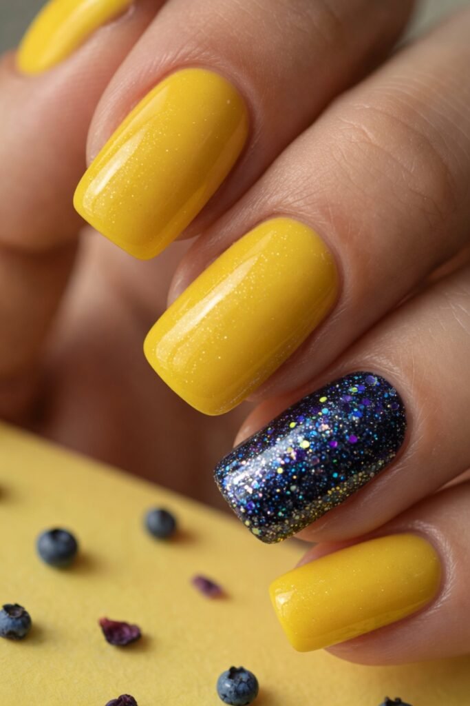 4. Blueberry Glitter Accent on Yellow Nails