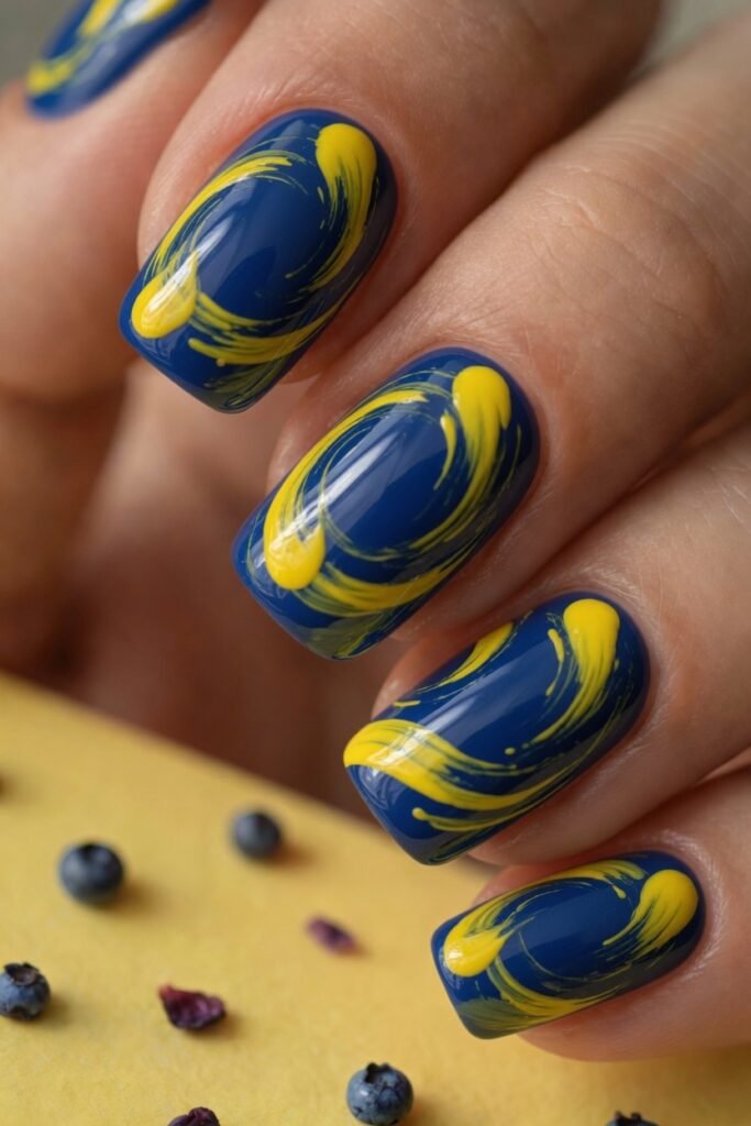 6. Yellow Swirls on a Blueberry Base
