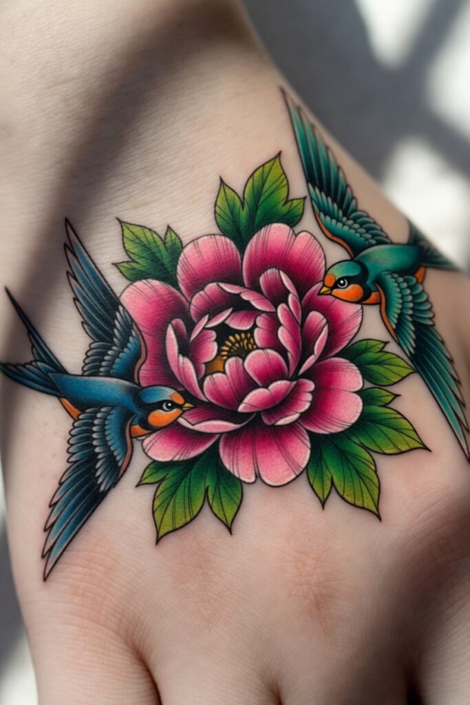 7. Neo-Traditional Peony with Swallows