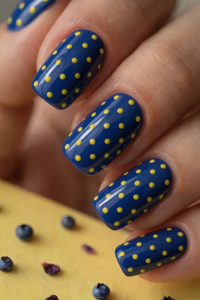 7. Blueberry Nail Art with Yellow Polka Dots