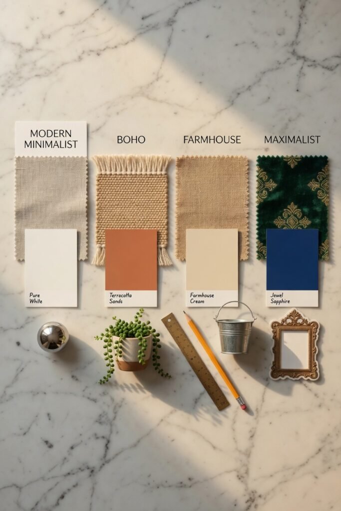 A beautifully styled mood board flat-lay showing four distinct interior style swatches side by side — modern minimalist, boho, farmhouse, and maximalist — each represented by a fabric swatch, paint color, and small decor item, style definition concept, top-down photography, warm natural lighting, clean and inspiring layout.