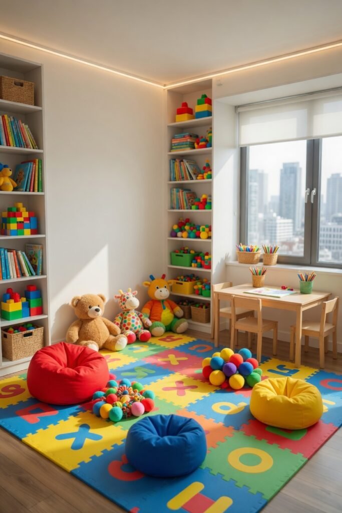 A colorful and fun kids play area with small bean bags in primary colors scattered among soft toys and play mats, bright cheerful lighting, wide-angle lifestyle photography, joyful and energetic atmosphere, child-safe and inviting design, vibrant and playful tones.