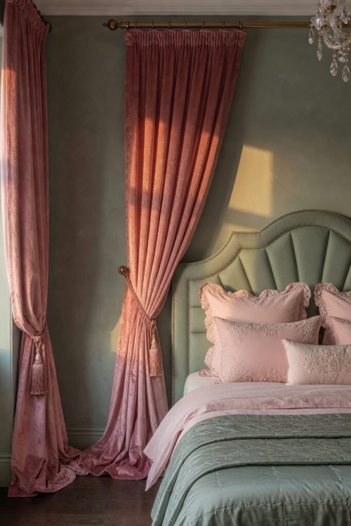 5. Sage Green Upholstered Headboard with Pink Accents