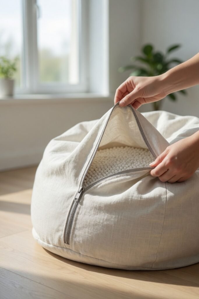 A lifestyle shot of a person easily unzipping and removing a bean bag cover in a bright clean room, removable cover concept, natural daylight, practical and functional photography, fresh and tidy atmosphere, close-up detail on zipper and fabric quality, reassuring and helpful visual.