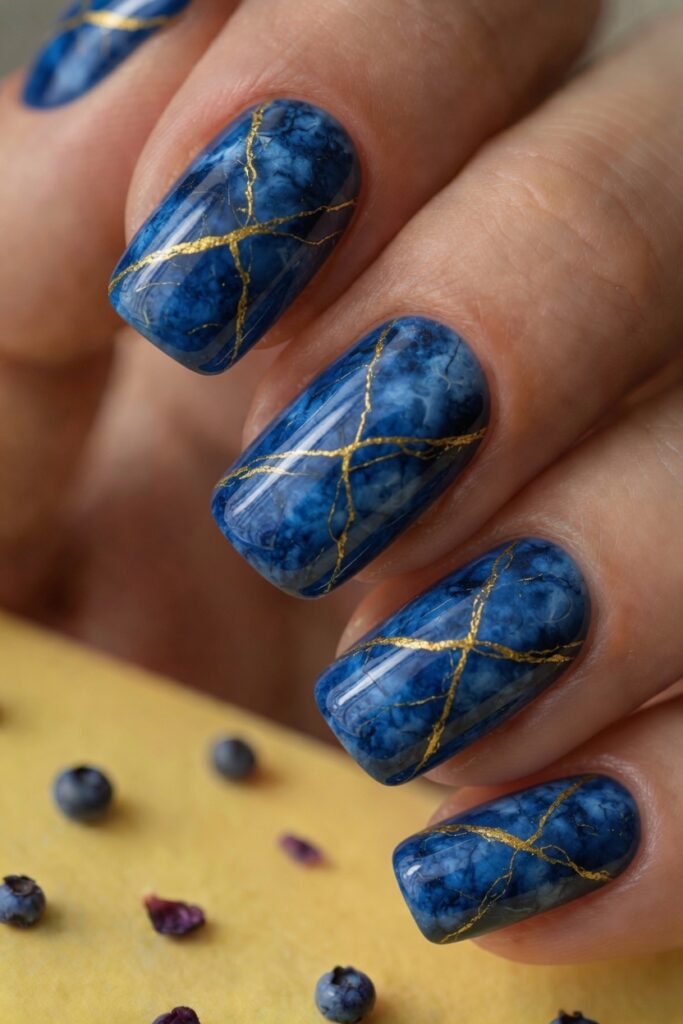 9. Blueberry Marble Nails with Yellow Veins