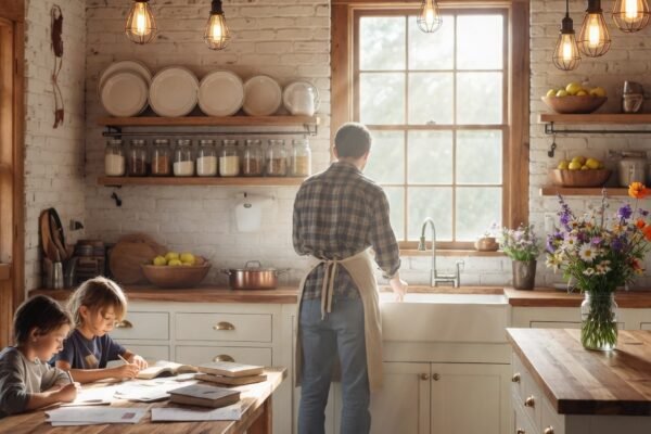 A beautifully styled farmhouse kitchen featuring a classic apron front sink, white shaker cabinets, open wooden shelving, warm Edison pendant lights, and butcher block countertops, showcasing 28 inspiring farmhouse kitchen ideas designed to make every meal feel like a special occasion.