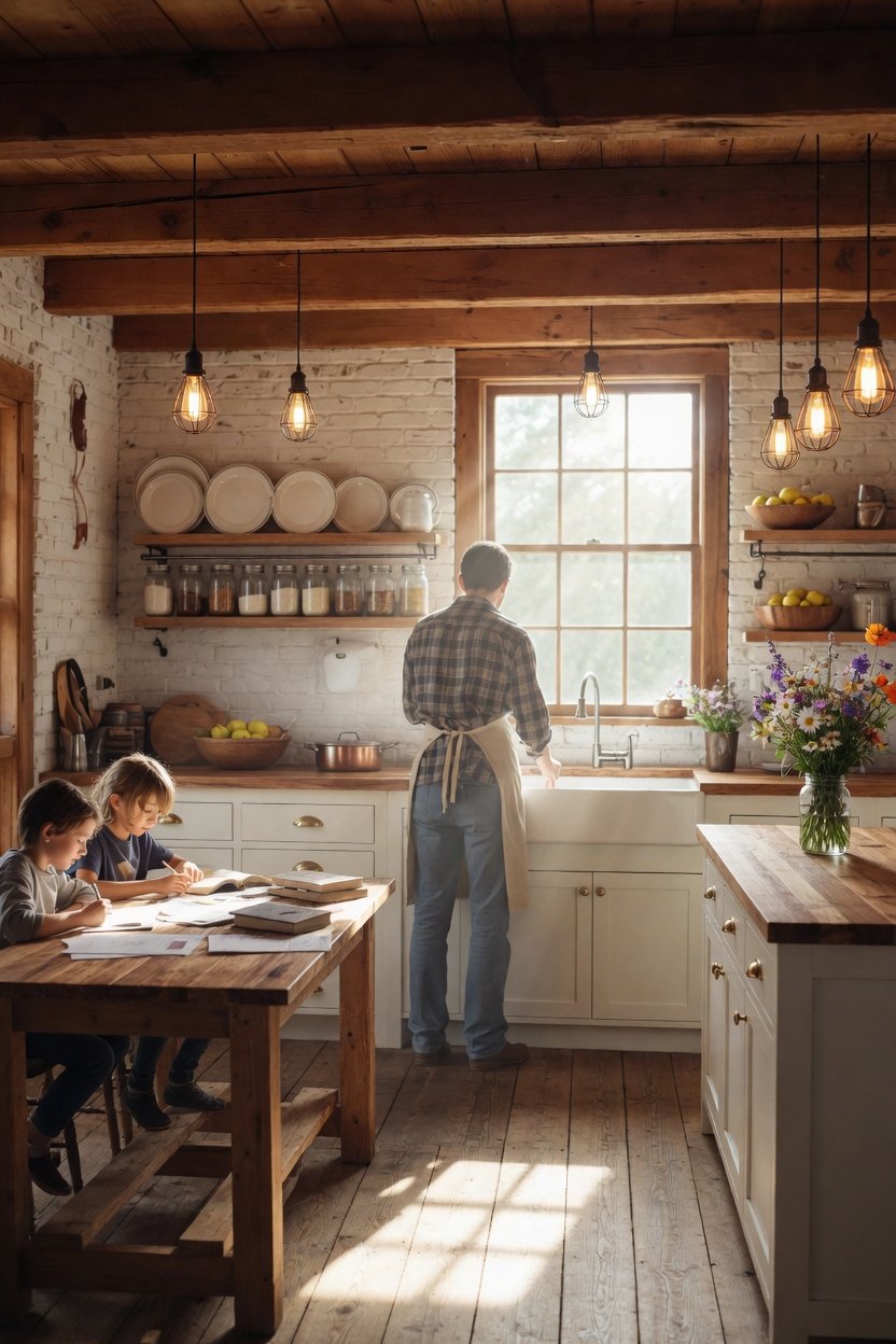 A beautifully styled farmhouse kitchen featuring a classic apron front sink, white shaker cabinets, open wooden shelving, warm Edison pendant lights, and butcher block countertops, showcasing 28 inspiring farmhouse kitchen ideas designed to make every meal feel like a special occasion.