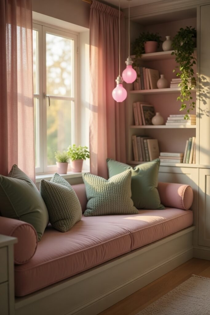 14. Pink Window Seat with Sage Green Cushions