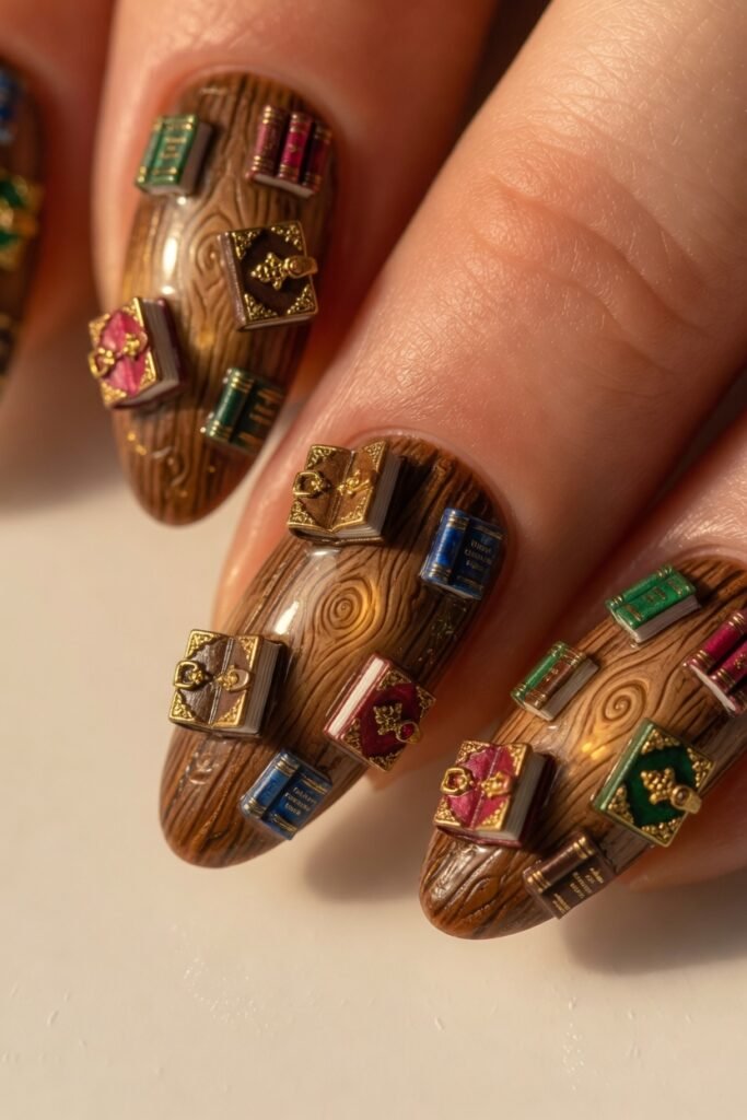 2. Enchanted Library Wood Grain with Tiny Book Charms