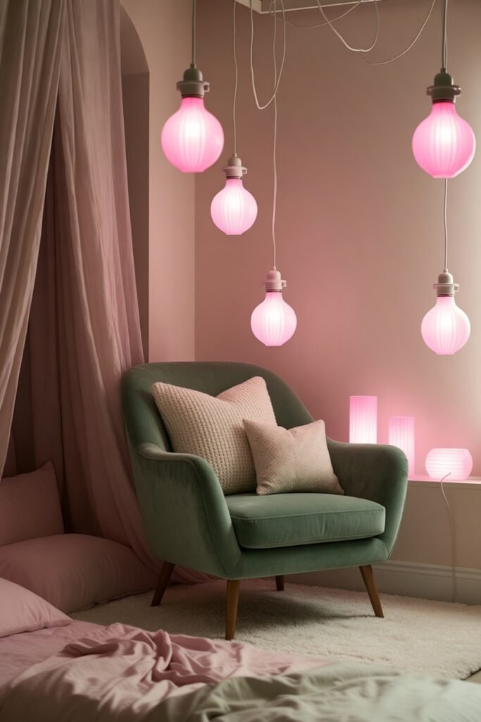 12. A Sage Green Accent Chair in a Pink Room